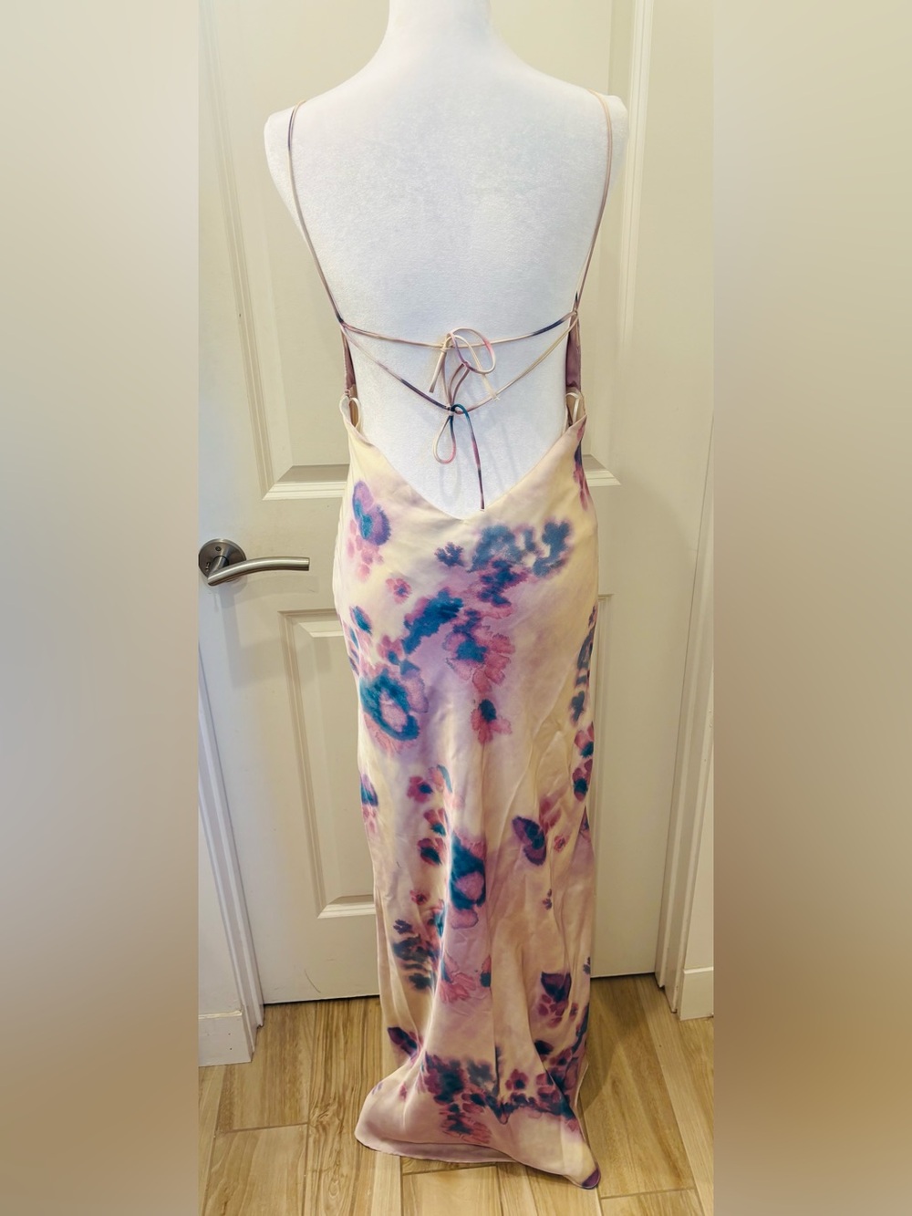NWT Zara Blush Maxi Slip Dress with Blue-Purple Tie dye Floral Print- S - Picture 2 of 11